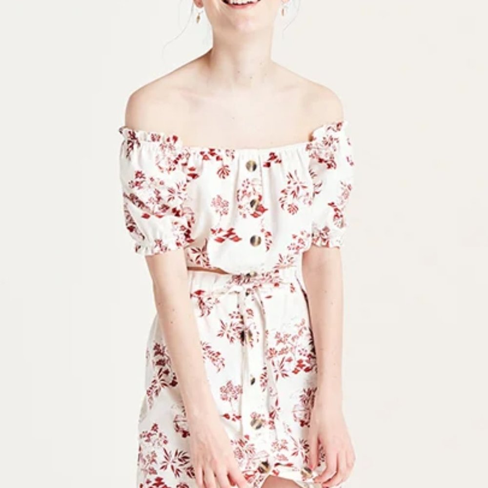 Red and White Scenic Jasmine Linen Blend Crop Top
